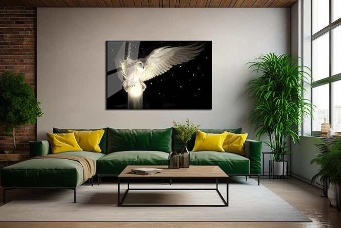 SpiritualHands White Owl Tempered Glass Wall Art Painting for Living Room, Tempered Glass Modern Prints Decor, Large Vivid Color Panel for Bedroom, Kitchen, or Office