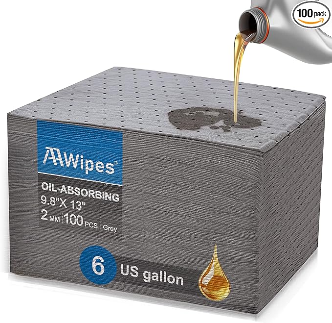 AAwipes Oil Absorbent Pads Universal for All Liquids Oil Spill Control Oil Absorbing Sheets for Garage, Car, Truck, Motorcycle Grey 100 Pack 9.8" X 13" OG1013-100