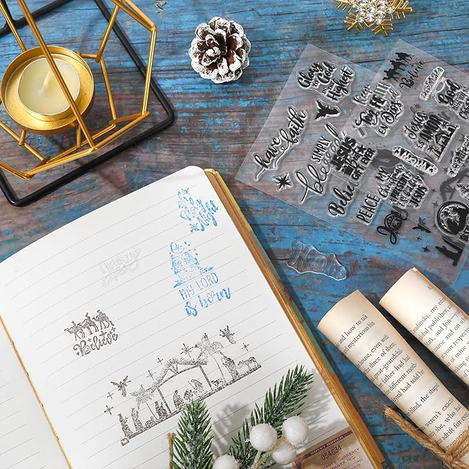 Whaline 4 Sheets Christmas Clear Stamps Greeting Words Nativity Scene Silicone Transparent Stamps Holy Night Stamp for Xmas DIY Craft Card Making Scrapbooking Embossing Album Decor