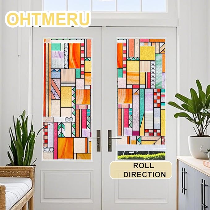 3D Stained Glass Window Privacy Film, Heat Control UV Blocking Static Cling Decorative Window Film for Bathroom,Front Door,Home Non Adhesive,23.6 x 35.4 inches Autumn Reverie