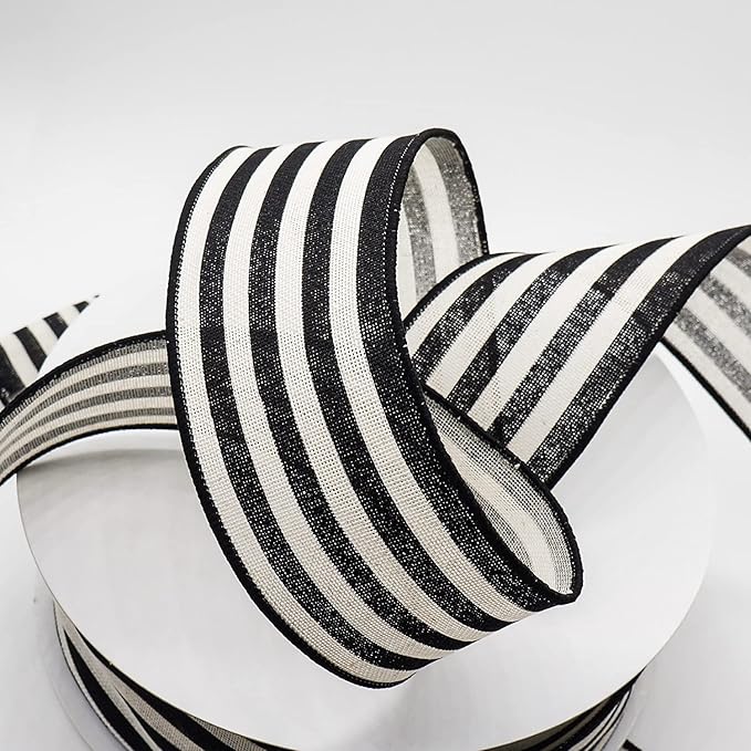 CT CRAFT LLC Striped Canvas Cotton Ribbon 2.5" x 50 Yards Ivory/Black Stripes for Thanksgiving Christmas Home Décor Gift Wrapping Outdoor Tree Topper Bow Wreath
