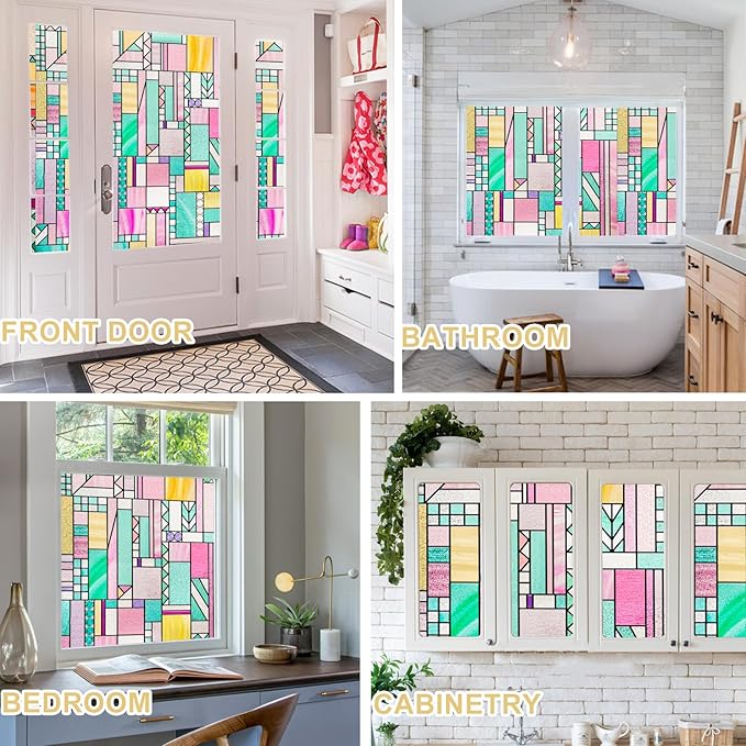 3D Stained Glass Window Privacy Film, Heat Control UV Blocking Static Cling Decorative Window Film for Bathroom,Front Door,Home Non Adhesive,23.6 x 35.4 inches Vibrant Reverie