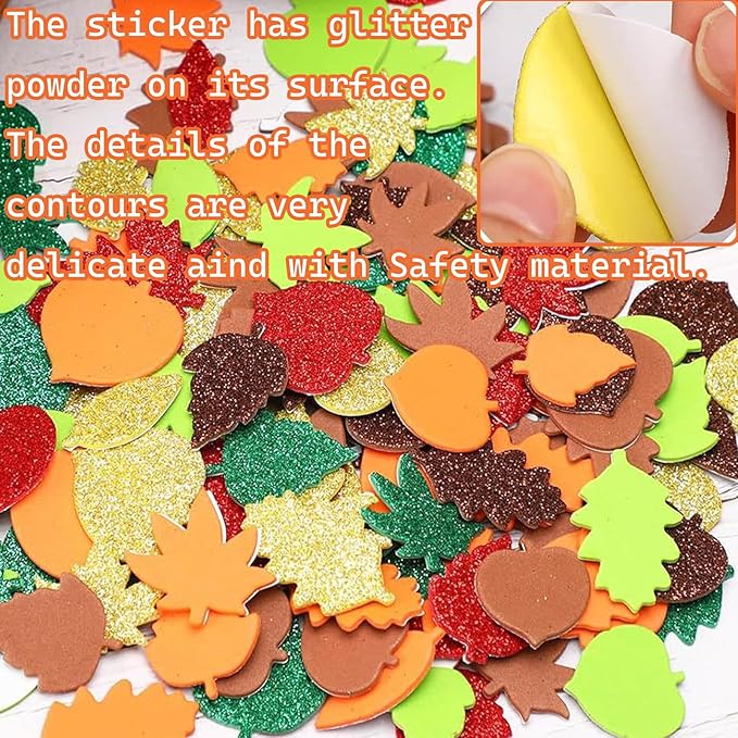 300Pcs Fall Foam Leaf Stickers, Autumn Glitter Maple Leaves Self Adhesive Foam Stickers Thanksgiving Party Favors DIY Crafts Decorations