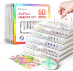 60 Colors Acrylic Paint Markers Pens Set, Soft Brush Tip Markers with Fast Drying & No-Bleed Ink, Acrylic Paint Pens for Rock, Wood, Egg, Ceramic, Fabric Painting, Art Supplies and DIY Crafts