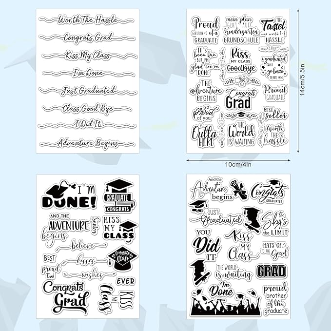 Whaline 4 Sheet Graduation Words Clear Stamps Congrats Grad Cap Silicone Transparent Stamps Border Stamp Cards for DIY Craft Card Making Scrapbooking Embossing Album Decor