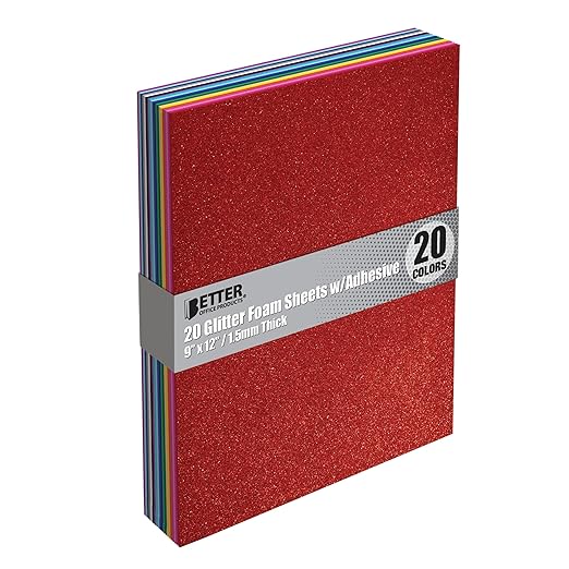 Better Office Products 20 Pack Glitter Foam Sheets with Adhesive Backing, 9 x 12 Inch, Assorted 20 Colors, for Arts and Crafts, 20 Adhesive Backed Sheets