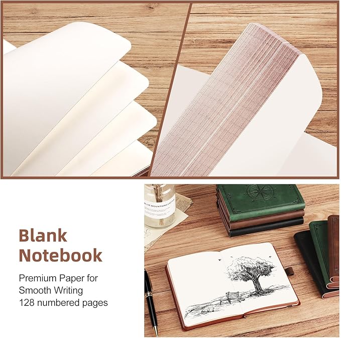 AHGXG Small Blank Pocket Journal Notebook for Men - 256 Numbered Pages B6 Mini Journal, Vintage Soft Leather Hardcover, 80gsm Paper, for Women Work Office School, 4.1'' X 5.7''- Brown