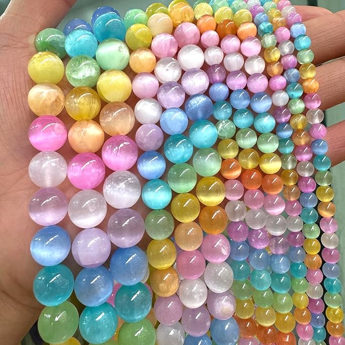 60PCS 6MM Natural Stone Colorful Selenite Gypsum Beads Round Loose Beads for Jewelry Making DIY Bracelet Necklace Accessories 15" Energy Healing Power Stone Beads