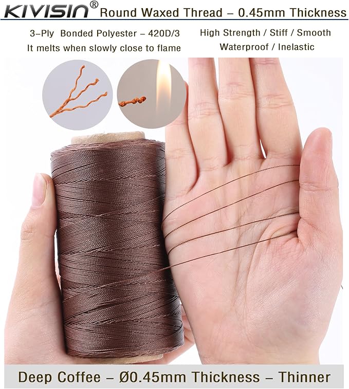 Thin Wax Polyester Thread, 0.45mm, 547 Yards, 3 Ply Round Waxed Cord Strings for Sewing, Beading, Binding, Micro Braiding, Fine Leather Craft and Micro Macrame Jewelry - Deep Coffee