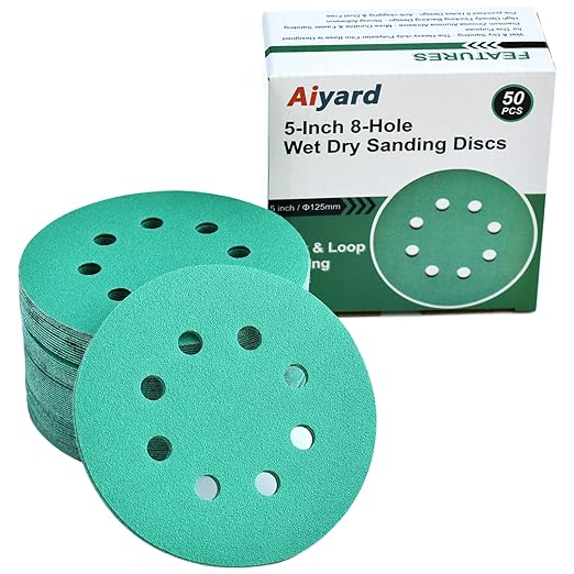 5-Inch 8-Hole Wet Dry Sanding Discs 120 Grit, Polyester Film Backed Heavy-Duty Hook and Loop Sandpaper for Random Orbital Sander, 50-Pack