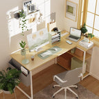 TIQLAB L-Shaped Computer Desk with Power Outlets - Reversible Shelves, 47 Inch Gaming & Study Desk in Beige