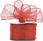 MEEDEE Red Gold Wired Ribbon - 2.5 Inch Sheer Ribbon with Gold Glitter Polka Dots for Christmas Tree, Wreath and Bow Making