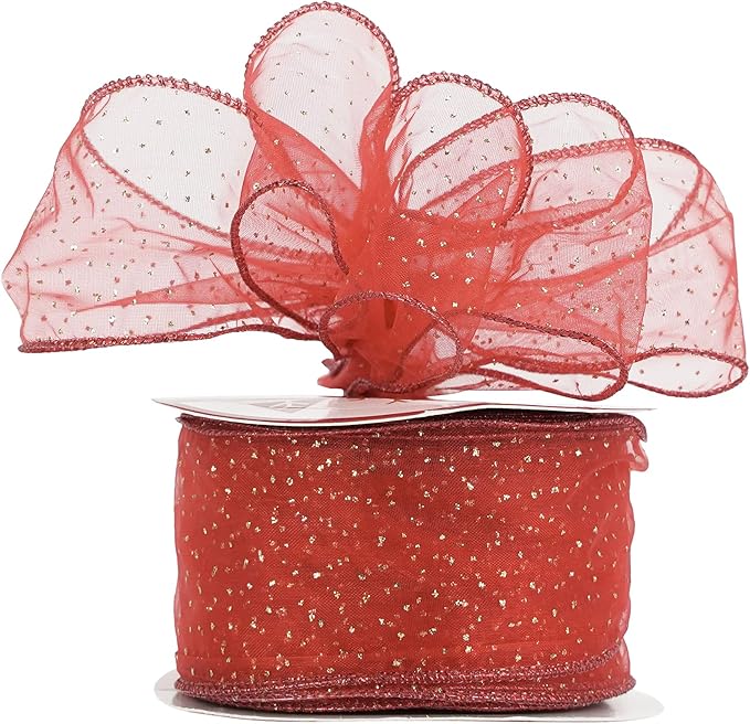 MEEDEE Red Gold Wired Ribbon - 2.5 Inch Sheer Ribbon with Gold Glitter Polka Dots for Christmas Tree, Wreath and Bow Making