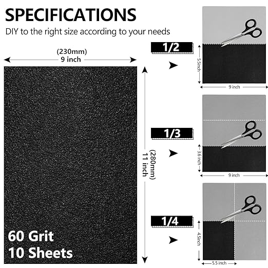 60 Grit Sandpaper, 9 x 11 Inch Wet Dry Sand Paper Hand Abrasive Sanding Sheets for Wood Metal Automotive Sanding and Polishing, Coarse - 10 Sheets