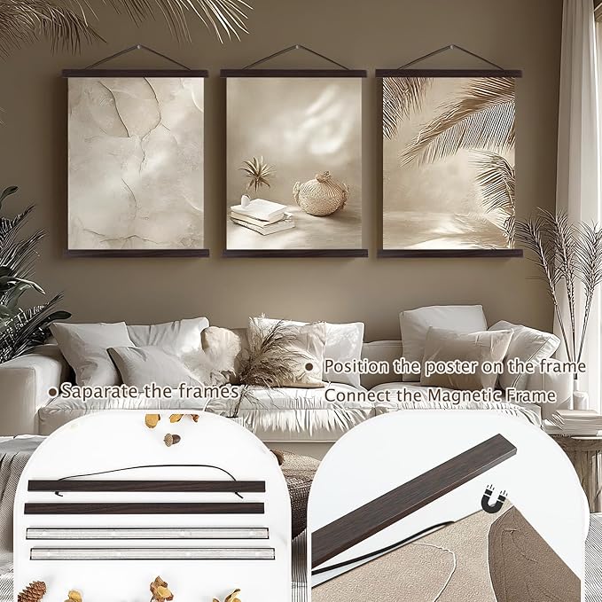Artmag Magnetic Poster Hanger Frame, 22x34 22x28 22x30 Light Wood Wooden Magnet Canvas Artwork Print Poster Hangers Frames Hanging Kit (Walnut, 22")