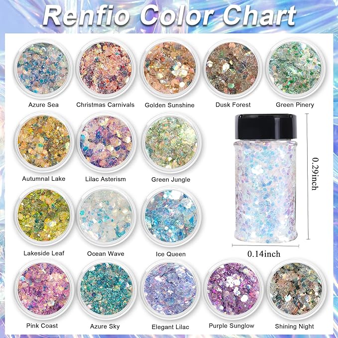 Renfio Opal Chunky Glitter, 1.75oz/50g Silver Glitter, Dreamy High Sparkle Glitter for Crafts Holographic Fine Glitter Mix Iridescent Glitters Flake for Resin Nails Art Hair DIY Snow Globe - Azure Sea