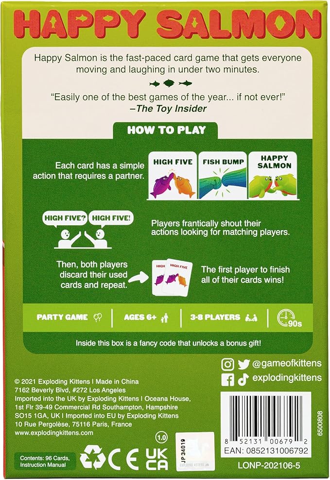 Exploding Kittens Happy Salmon 3-8 Players - Ages 6+ - 90 Second Rounds - Easy to Learn Quick Matching Card Game - Party Game, Family Game Night, Kid and Adult Card Game