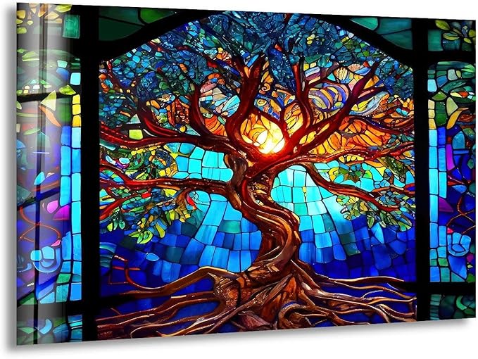 My Photostation.com 60WX40H'' Stained Blue Life of Tree Glass Wall ArtTempered Glass Printing Wall Decor Large Wall Art Wall Hangings