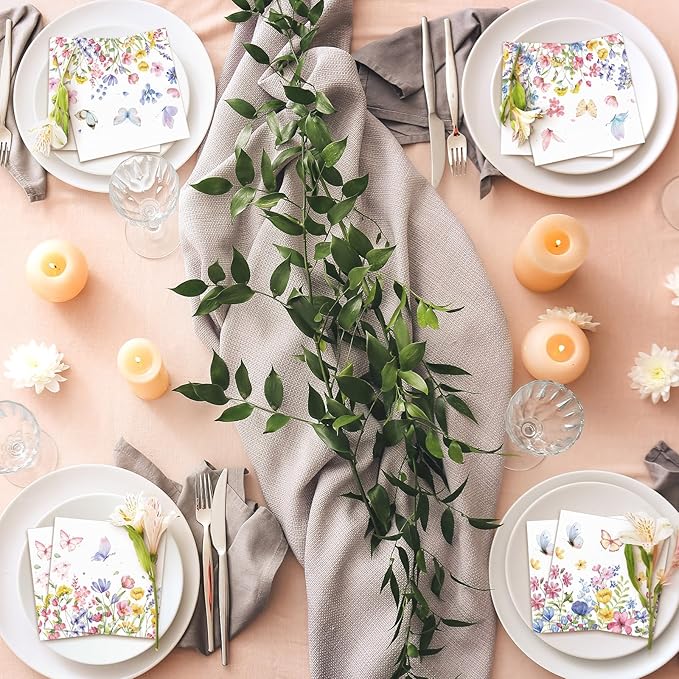 Fulmoon 200 Pieces Summer Floral Cocktail Napkins Disposable Wildflower Dessert Paper Napkins Bulk Flower Decoupage Beverage Towel for Summer Tea Party Dinner Decorative
