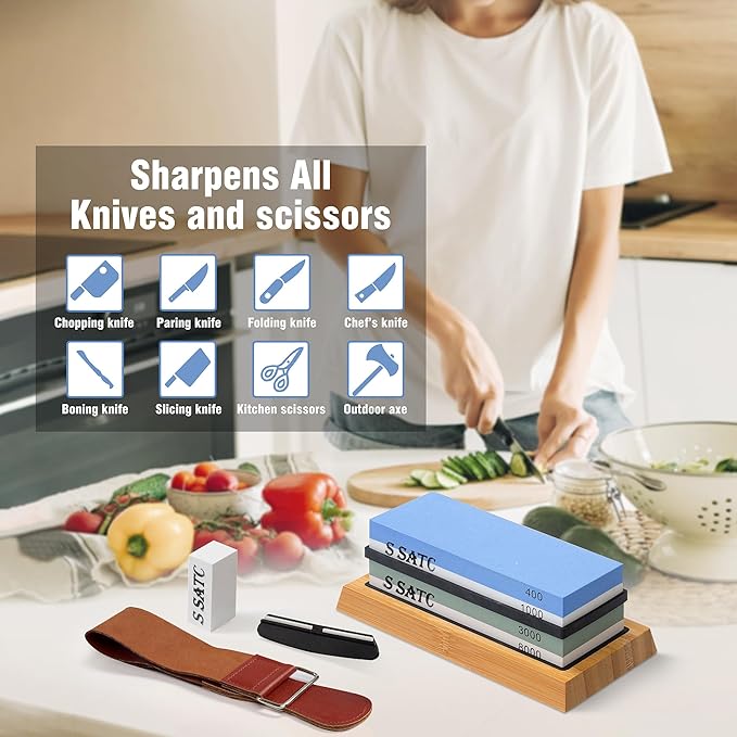 S SATC Knife Sharpening Stone Whetstone 4 Side Grit 400/1000 3000/8000 Stone Knife Sharpeners with Nonslip Rubber Bases, Wood Base, Flattening Stone, and Leather Strop