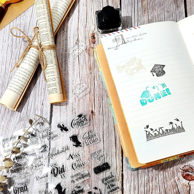 Whaline 4 Sheet Graduation Words Clear Stamps Congrats Grad Cap Silicone Transparent Stamps Border Stamp Cards for DIY Craft Card Making Scrapbooking Embossing Album Decor