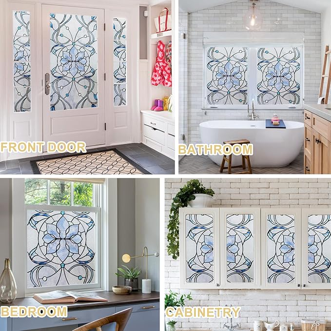 3D Stained Glass Window Privacy Film, Heat Control UV Blocking Static Cling Decorative Window Film for Bathroom,Front Door,Home Non Adhesive,16.9 x 78.7 inches Azure Bloom