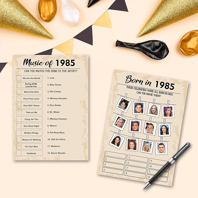 40th Birthday Party Games, Born in 1985 Games Bundle, Set of 5 Activities for 10 Guests, Birthday Party Supplies for Adults, Pack of 50 Cards