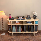 Large Round Record Player Stand with Charging Station & USB Ports，Record Storage Cabinet, Mid Century Modern Turntable Stand for Bedroom Living Room (Oak)