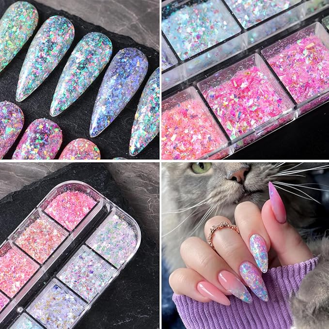 12 Colors Irregular Ice Nail Art Glitter Sequins 3D Holographic Mermaid Flakes Chameleon Confetti Iridescent Chunky Glitter for Face Make-Up Beauty Decorations