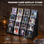 Emfogo Card Display Stand, 4-Tier Trading Card Display, Wooden Graded Baseball Sports Card Display, Trading Card Display Case for Card Collection & Show (Black)