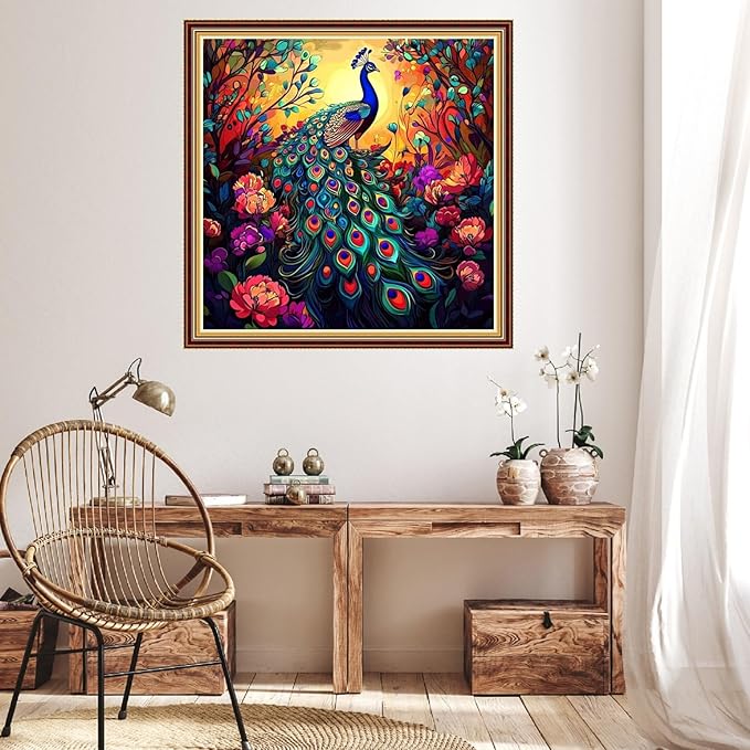 Hopeart Stamped Cross Stitch Kits for Beginner Embroidery Kits for Beginners Adults DIY 11CT Cross Stitch Patterns Needlepoint Kits Crossstitching Kits-Forest Peacock 18x18 inch