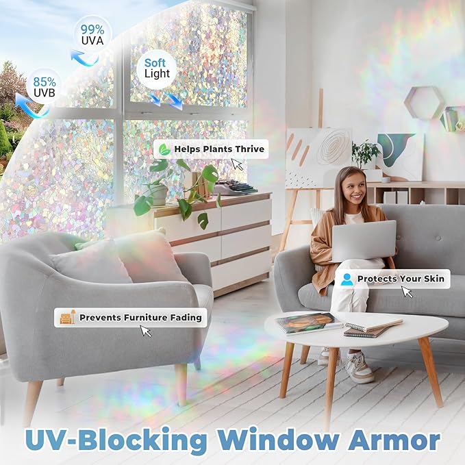DOWELL Window Privacy Film Rainbow Film, Stained Glass Decorative Sticker, Static Cling Non-Adhesive Glass Clings, Sun Blocking Heat Control Window Coverings for Home Door, 35.4" x 118.1"