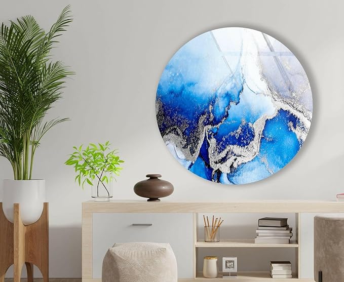 My Photostation.com 31.5''(80cm) Diameter Blue Marble Round with Silver Details Glass Wall Art Tempered Glass Printing Wall Decor Large Wall Art Wall Hangings
