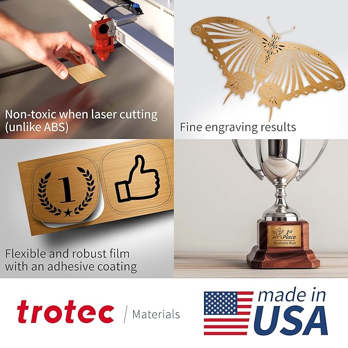 Trotec TroLase Lights | 24"x12"x1/250"(0.1mm thick) | Adhesive-Backed Flexible Laser Engraving Sheet/Film for Decal & Label | Double Color Plastic Sheet for Engraving | Brass/Black | 10pcs