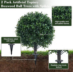 Artificial Boxwood Topiary Ball Bush for Outdoor with Spike, UV Resistant Faux Boxwood Ball Tree with Stake for Outside Set of 2, Weatherproof Round Fake Shrubs for Entryway Front Porch