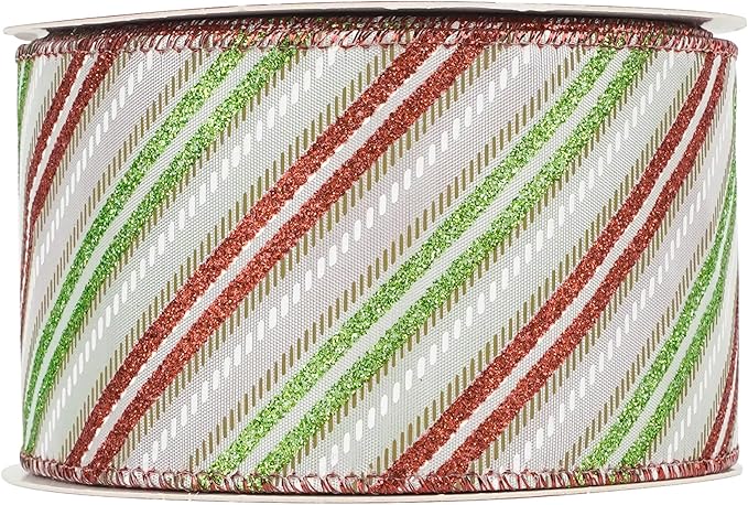 MEEDEE Red and Green Diagonal Striped Ribbon 2.5 Inch White Satin with Lime Green and Red Glitter Wired Ribbon for Christmas Tree, Garlands, Wreaths, Topper Bow (10 Yards)