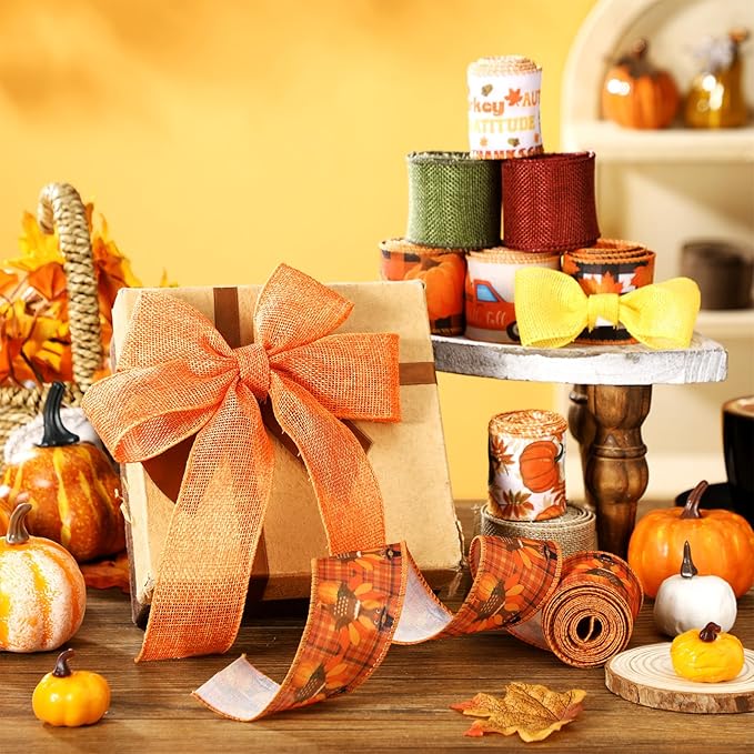 12 Rolls Fall Wired Edge Ribbon for Wreaths 2 Inch x 60 Yards Maple Leaves Pumpkin Turkey Print Ribbon Thanksgiving Plaid Crafts for Autumn Harvest Party Decoration Supplies, 12 Styles