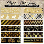 Whaline 12 Rolls Christmas Washi Tape Black Gold Xmas Washi Masking Tape Foil Gold Snowflake Xmas Tree Xmas Tree Ball Plaid Pattern Decorative Tape for Scrapbook Journal DIY Craft Gift Wrapping