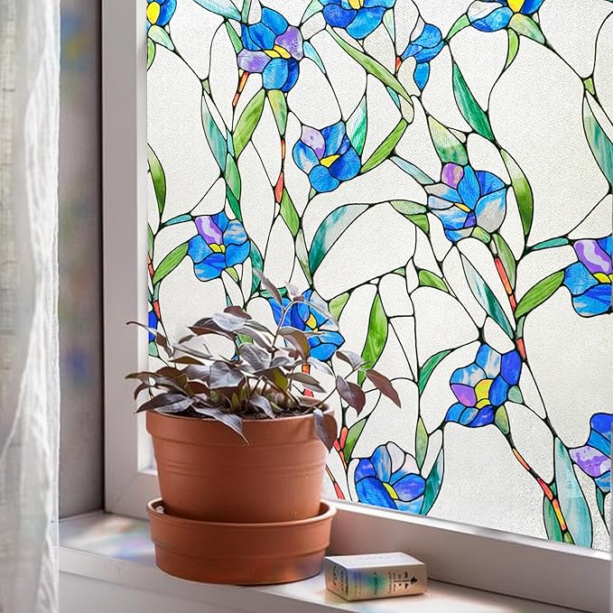 3D Stained Glass Window Film, Decorative Window Privacy Film for Bathroom,Front Door,Home, Sun Blocking Heat Control,Static Cling, Blue Eustoma 23.6inch x 35.4inch