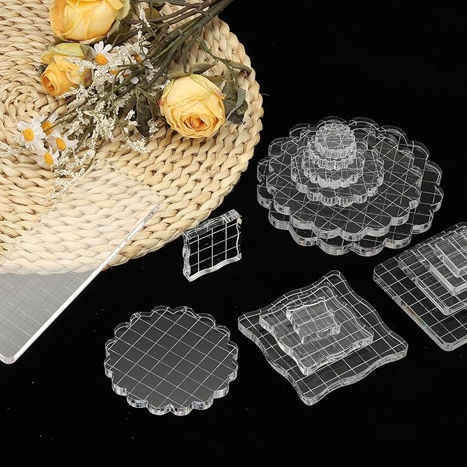 PATIKIL 3" Acrylic Stamp Block, 6Pcs Clear Stamping Block with Grid Lines Decorative Mounting Blocks Round for Scrapbooking DIY Crafts Card Making