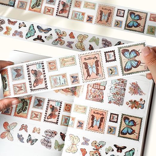 WT Stamped Wings Washi Tape Sticker Set – 3 Rolls Decorative Butterfly & Wing Washi Sticker Tape, Wide Vintage Adhesive Tape for Journaling, Scrapbooking, Planner, DIY Crafts & Wrapping
