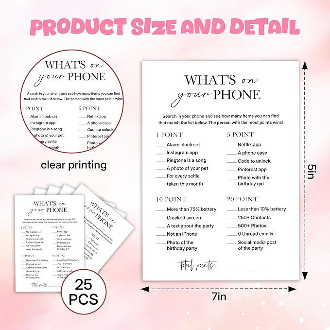 Birthday Party Games, What's on Your Phone, 25 Pcs Card Set for Guests, Fun Birthday Game for Teen Adults – A07