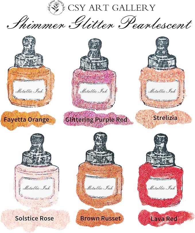 CSY art gallery Pearlescent Acrylic Inks Bottle with Dropper, 1oz - 29.5 ml Set of 6PCS Bronze Gold Red Liquid Drawing Ink for Calligraphy,Wood, Scrapbook Journals, Photo Albums (Saturn Twinkles Set)