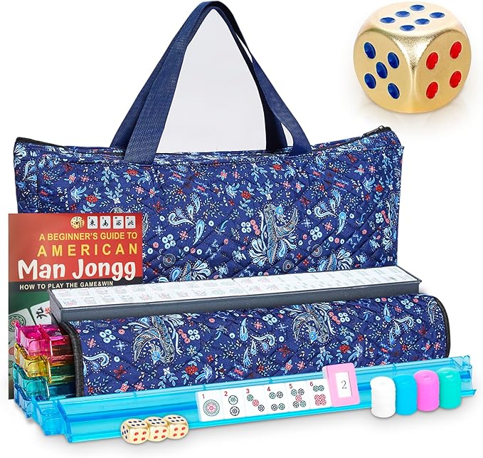 New American Mahjong Game Set, 166 Premium White Tiles with Portable Metal Dices, 4 All-in-One Racks with Pushers, Mah-Jong Games Sets, Ma Jong Tile Game (Blue)