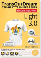 TransOurDream Tru-Heat Transfer Paper for T Shirts (Light 3.0, 15 Sheets, 8.5x11") Printable HTV Heat Transfer Vinyl for Inkjet & Laser Printer Iron on Transfers for Light Fabrics (TRANS-L3-15-3)