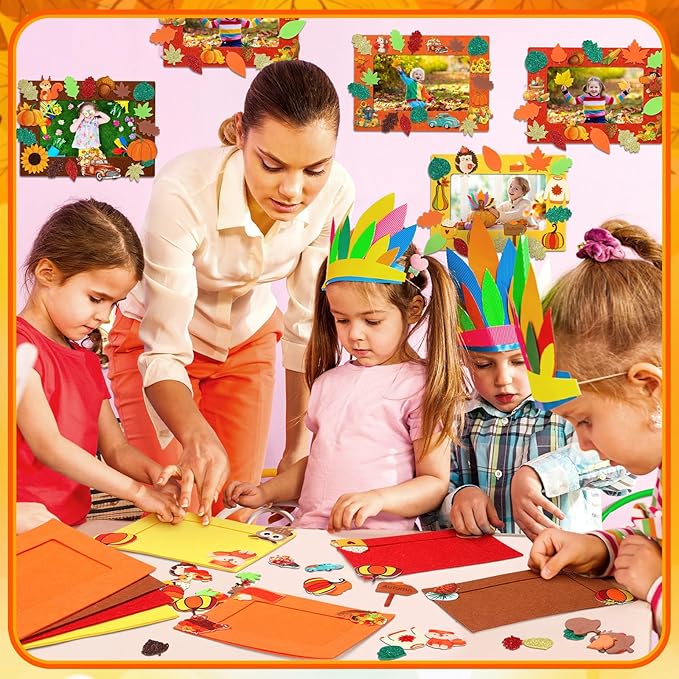 Ferraycle 232 Pcs Fall DIY Picture Frames Craft Kit Thanksgiving Felt Photo Frames with Leaves Pumpkin Harvest Crafts with Foam Stickers for Autumn Party Favor(Multi Color,Classical)