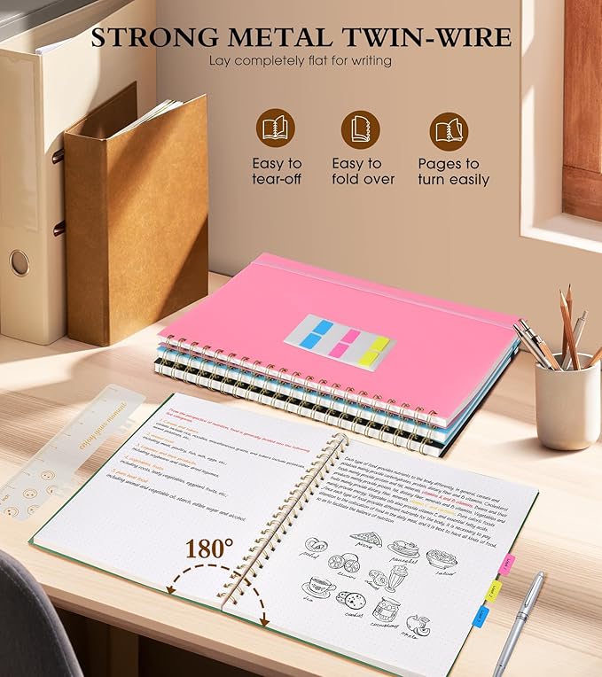 Dotted Notebook, Spiral Notebook Journal 8.5” x 11”, A4 Large Dot Grid Notebooks for Women Men, 100 GSM Dotted Paper, Plastic Hardcover Spiral Bullet Journals for Work School Sketching, Green