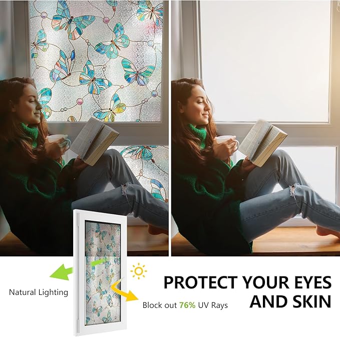 3D Stained Glass Window Film, Decorative Window Privacy Film for Bathroom,Front Door,Home, Sun Blocking Heat Control,Static Cling,Butterfly, 23.6inch x 35.4inch