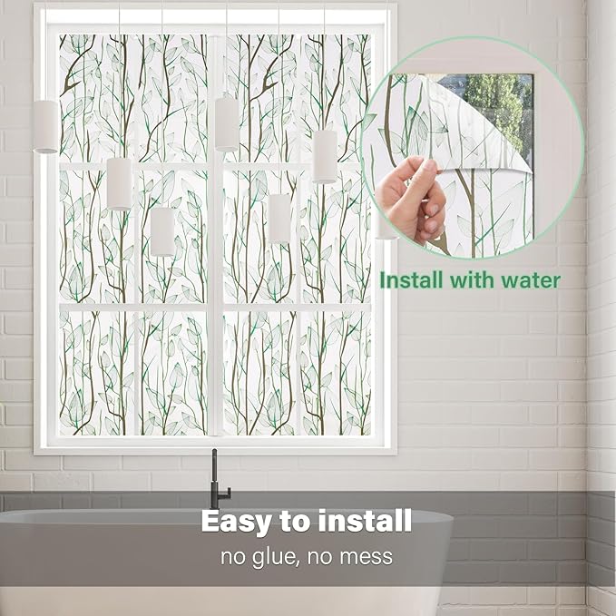 Donox Frosted Glass Window Film Heat Control UV Blocking, Static Cling Reusable Home Bathroom Door Window Privacy Film, Green Leaf Pattern Window Covering with Installation Tool, 17.5 in x 6.5 feet