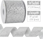 HUIHUANG Silver Christmas Ribbon 4 inch Silver Glitter Wired Ribbon Diamond Mesh Wire Ribbon for X-mas Tree Decorations, Wreaths, Garland, Large Bows Making, Home Decor -10 Yards